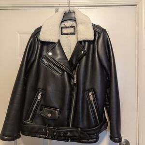 MICHAEL Michael Kors Black Leather Jacket with White Collar